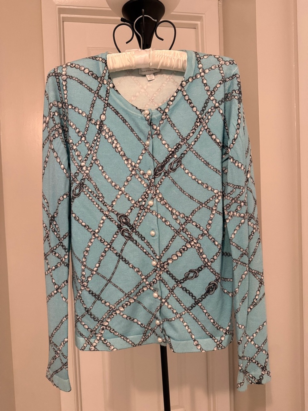 Charter Club Light Blue Chain Print Button Cardigan Size M